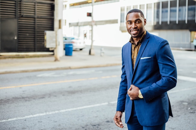 a man in a blue suit